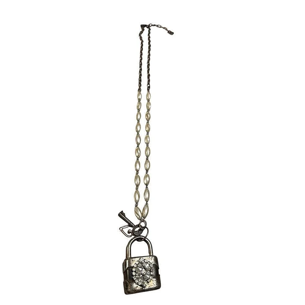 Vintage‎ Handmade Artisan Lock Necklace Rhinestone Key Charm Pendant